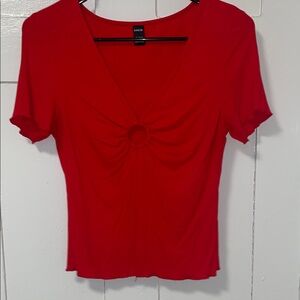 SHEIN Scarlet V-Neck Tee with Ring Accent